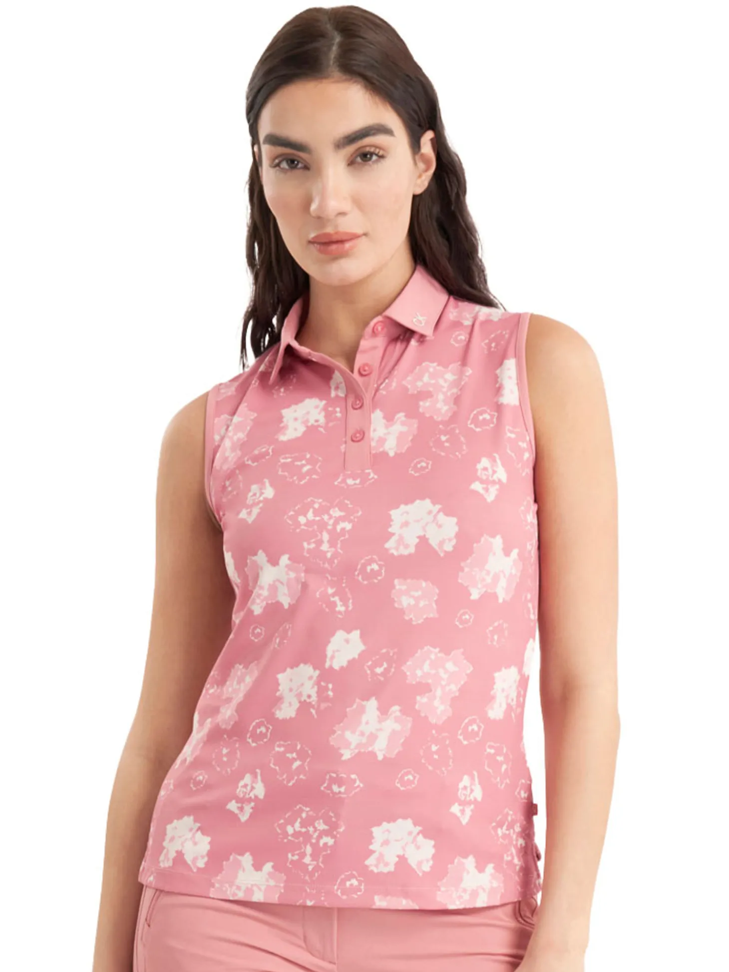 Calvin Klein Womens Harmony Printed Sleeveless Polo Shirt - Powder Pink
