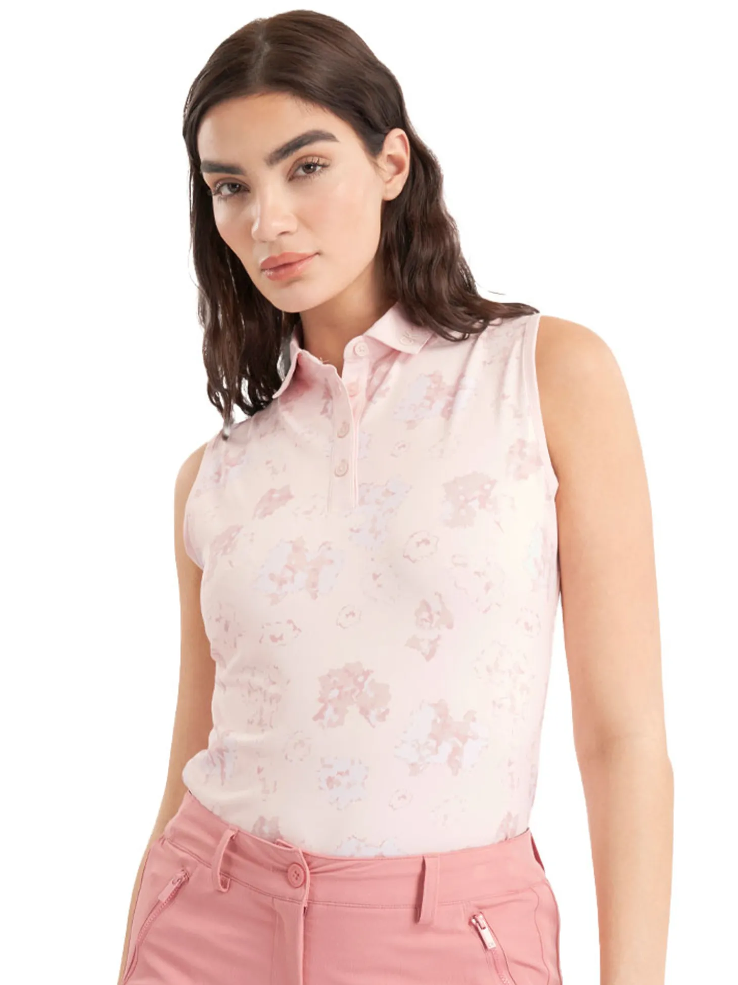 Calvin Klein Womens Harmony Printed Sleeveless Polo Shirt - Shell Pink