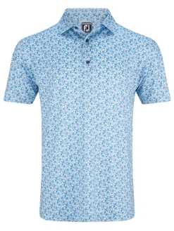 FootJoy Allover Floral Print Lisle Polo Shirt (Athletic Fit) - White/Blue