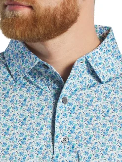 FootJoy Allover Floral Print Lisle Polo Shirt (Athletic Fit) - White/Blue