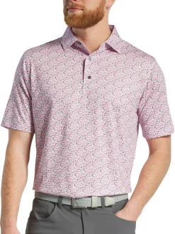 FootJoy Allover Floral Print Lisle Polo Shirt (Athletic Fit) - White/Pink