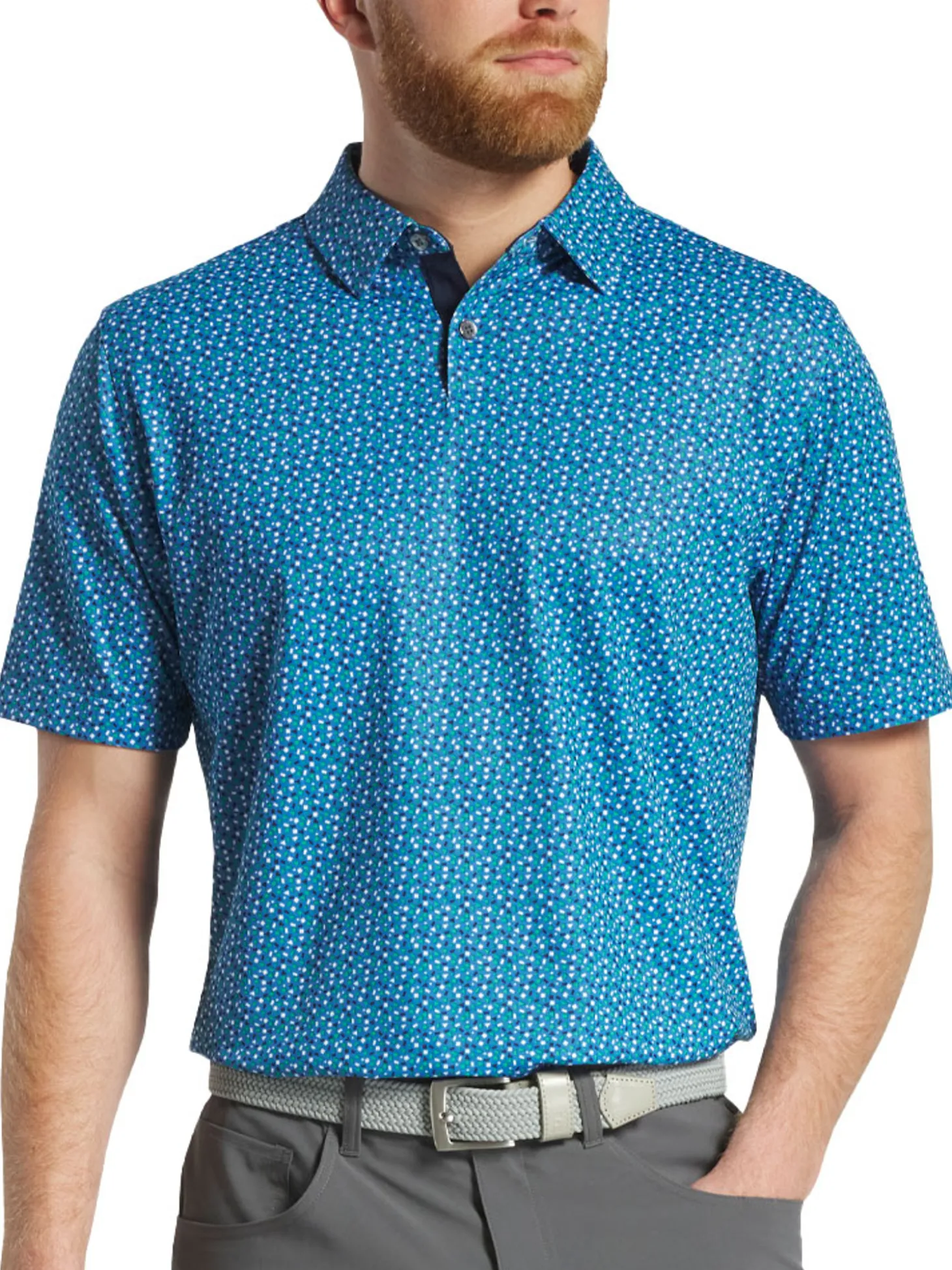 FootJoy Geometry Print Stretch Pique Polo Shirt (Athletic Fit) - Blue/Emerald