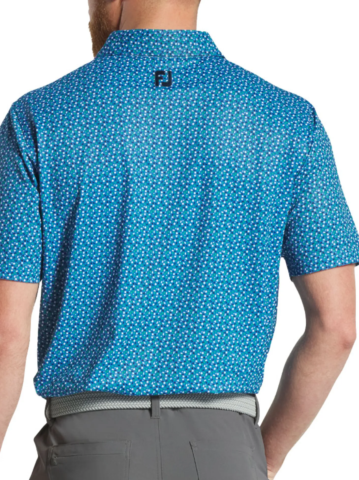 FootJoy Geometry Print Stretch Pique Polo Shirt (Athletic Fit) - Blue/Emerald