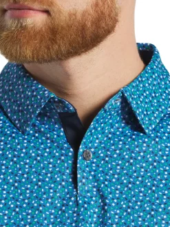 FootJoy Geometry Print Stretch Pique Polo Shirt (Athletic Fit) - Blue/Emerald
