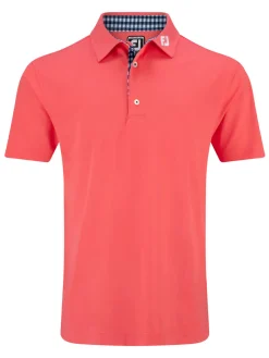 FootJoy Pique Solid Gingham Trim Golf Shirt (Athletic Fit) - Coral Red