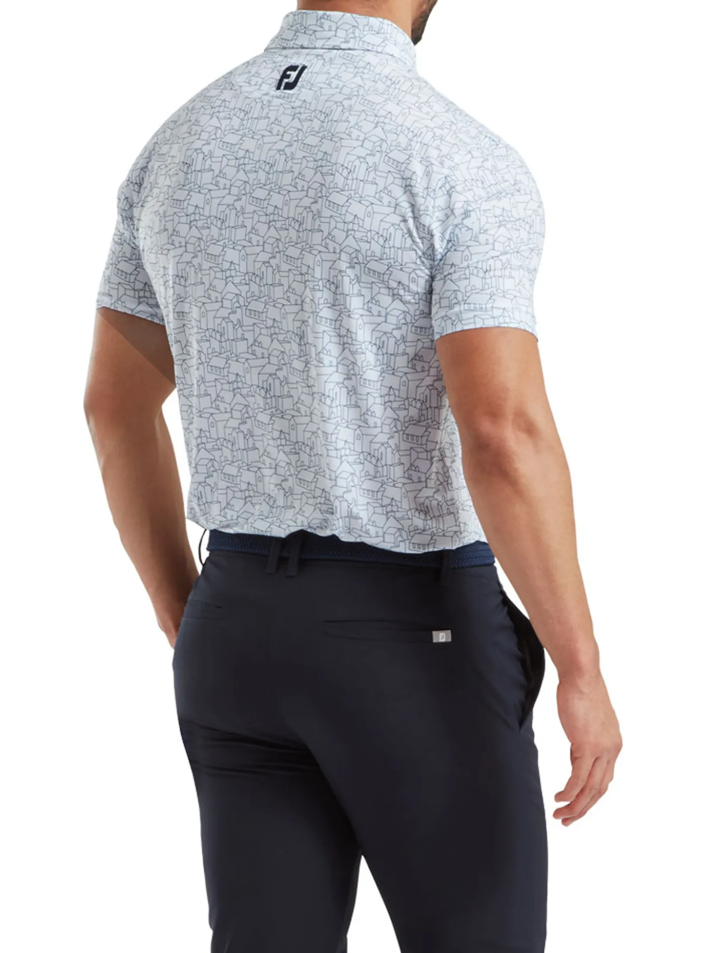 FootJoy Scottish Town Print Lisle Polo Shirt (Athletic Fit) - White/Navy