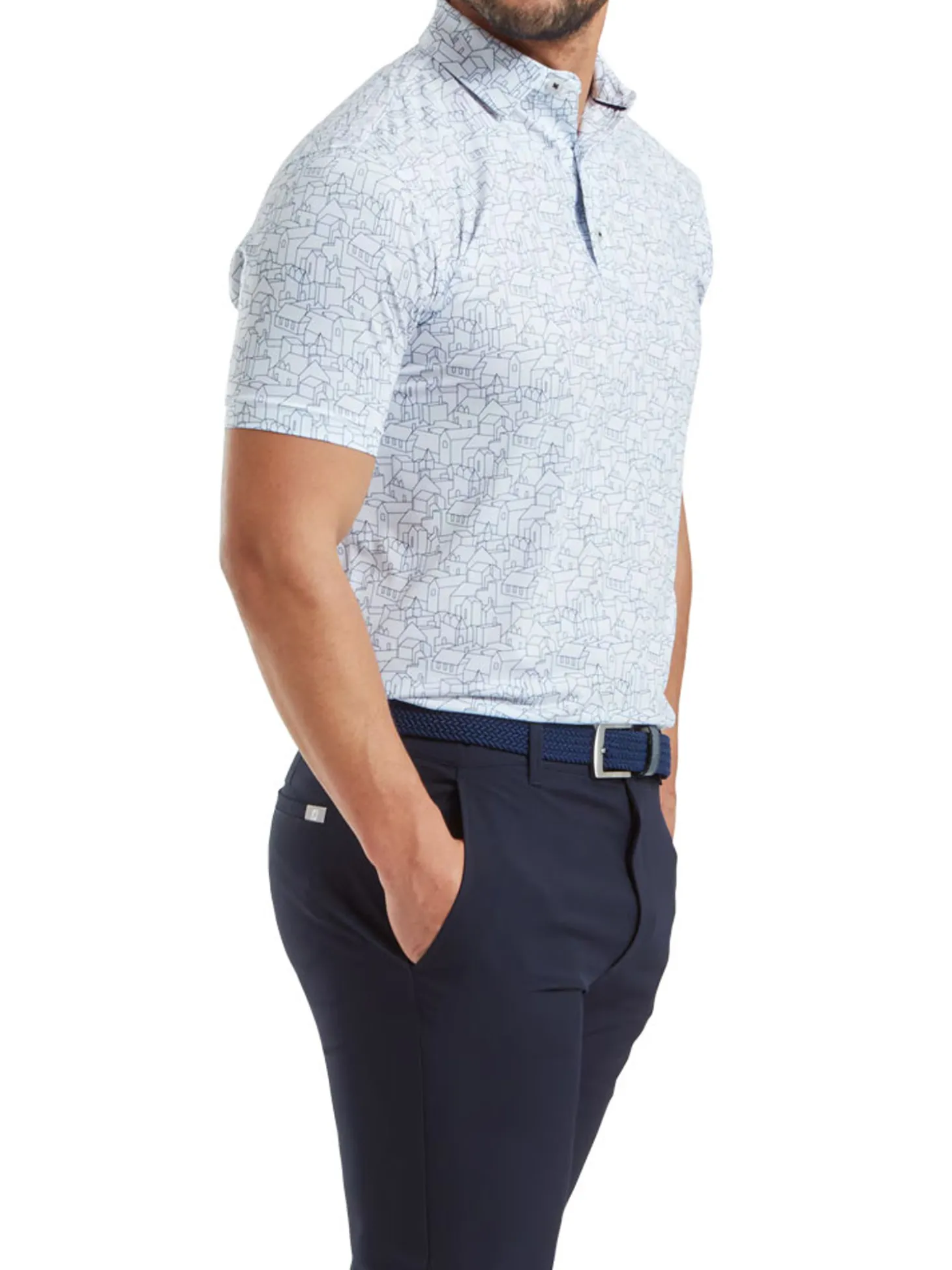 FootJoy Scottish Town Print Lisle Polo Shirt (Athletic Fit) - White/Navy