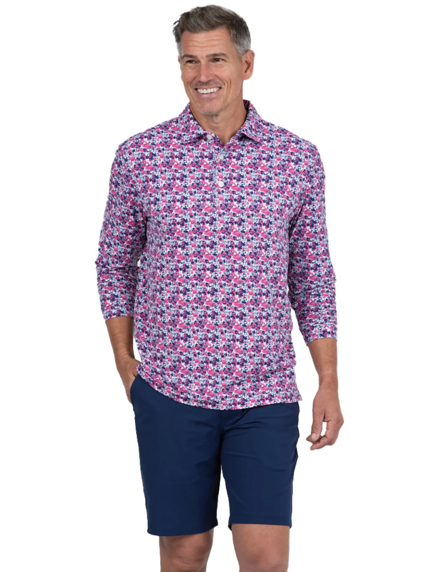 IBKUL Chaos Print Long Sleeve Polo - Watermelon/Ink