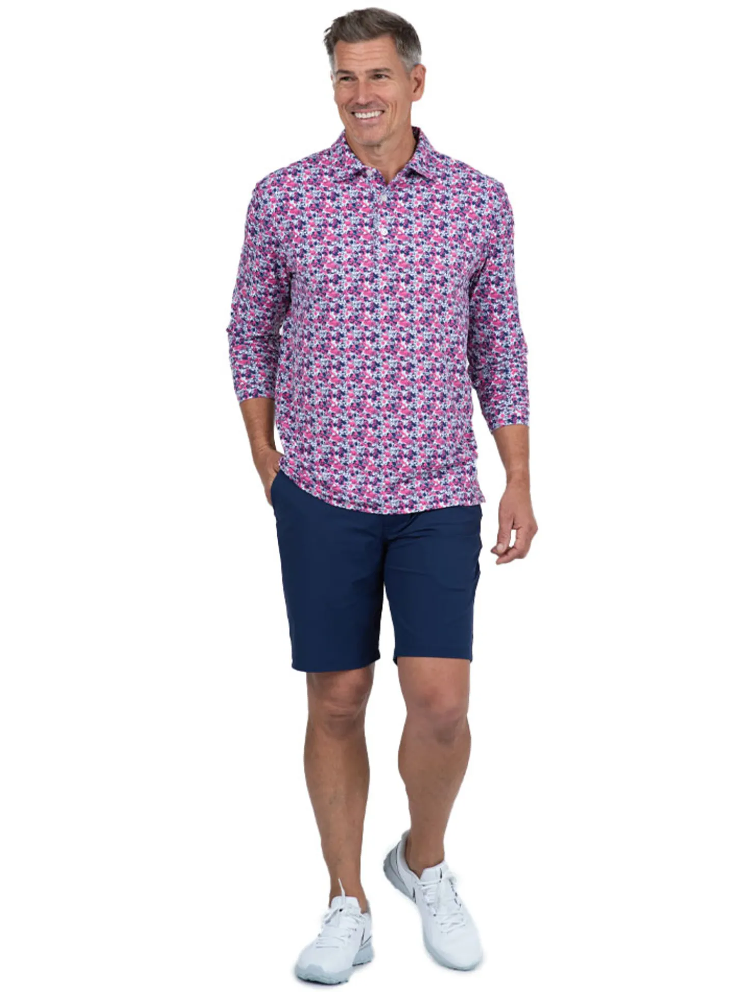 IBKUL Chaos Print Long Sleeve Polo - Watermelon/Ink