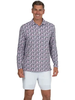 IBKUL Chaos Print Long Sleeve Polo - Lt. Pink/Charcoal