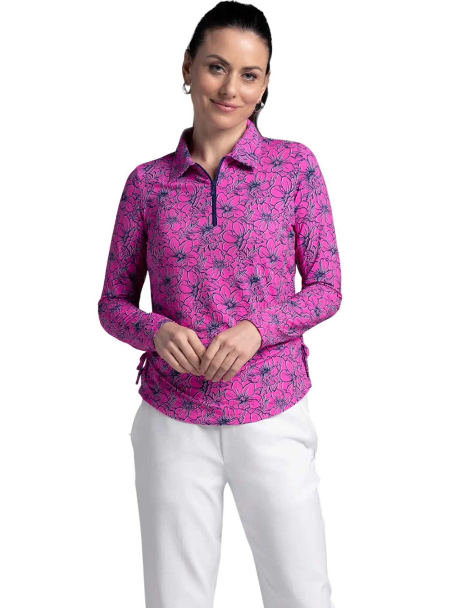 IBKUL Diana Print Long Sleeve Zip Polo - Hot Pink/Navy