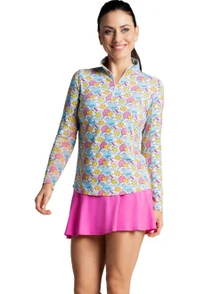 IBKUL Game On Print Long Sleeve Mock Neck Top - Raspberry/Turquoise