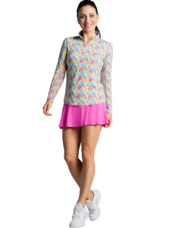 IBKUL Game On Print Long Sleeve Mock Neck Top - Raspberry/Turquoise