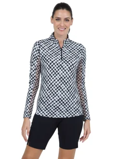 IBKUL Gingham Check Long Sleeve Mock Neck Top - Black/White