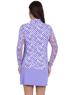 IBKUL Gingham Check Long Sleeve Mock Neck Top - Lavender/White