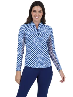 IBKUL Gingham Check Long Sleeve Mock Neck Top - Navy/White
