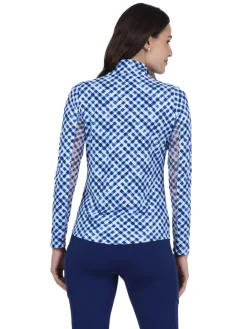 IBKUL Gingham Check Long Sleeve Mock Neck Top - Navy/White