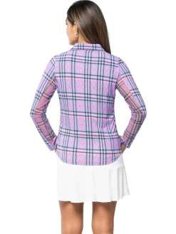IBKUL Judith Print Long Sleeve Zip Polo - Lavender/Hot Pink