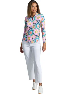 IBKUL Leona Print Long Sleeve Zip Polo - Navy Multi