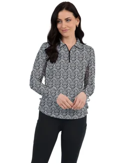 IBKUL Leslie Print Long Sleeve Zip Polo - Black/White