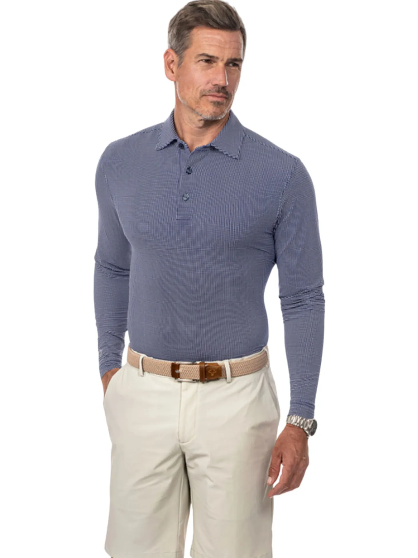 IBKUL Mini Check Print Long Sleeve Polo (Modern Fit) - Navy/White