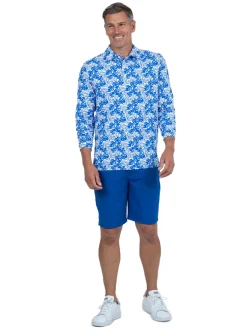 IBKUL Palm Leaf Print Long Sleeve Polo - White/Royal