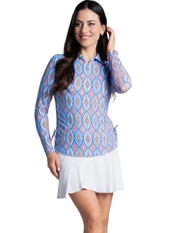 IBKUL Romina Print Long Sleeve Zip Polo - Blue Multi